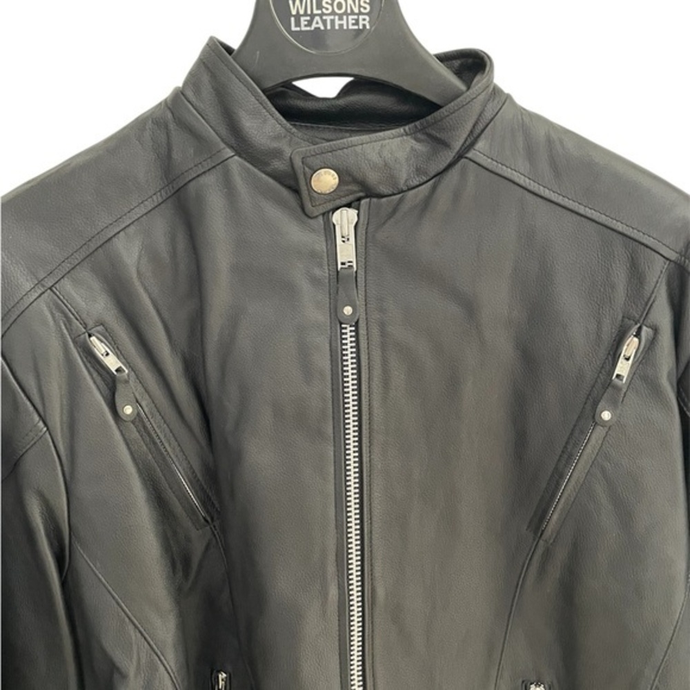 Wilsons Leather Mens XL Black Leather Motorcycle Cafe Racer Jacket Side Lace Up - Picture 5 of 8